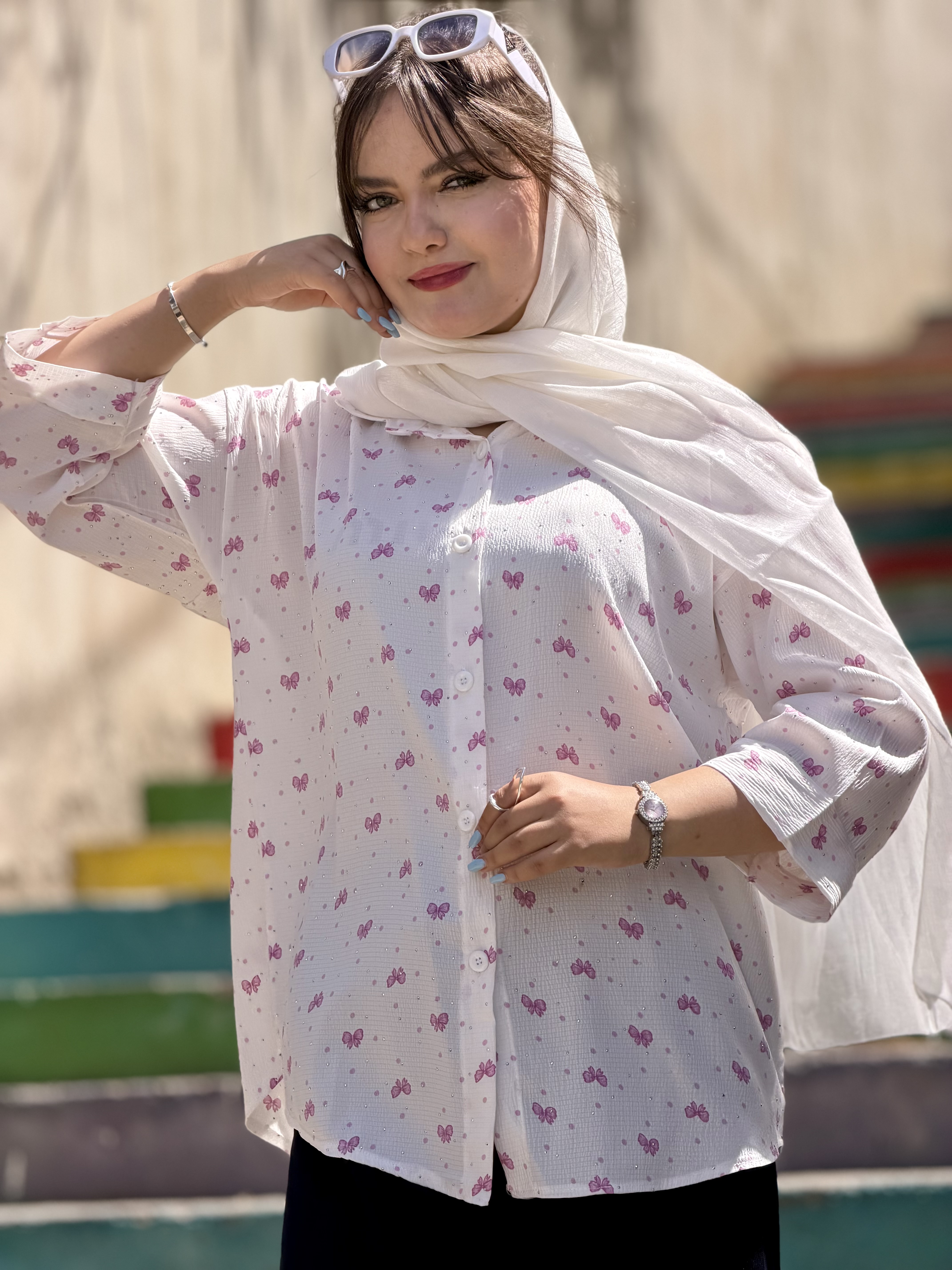 شومیز زنانه پاپیونی نگین دار | فری سایز | رنگ بندی متنوع